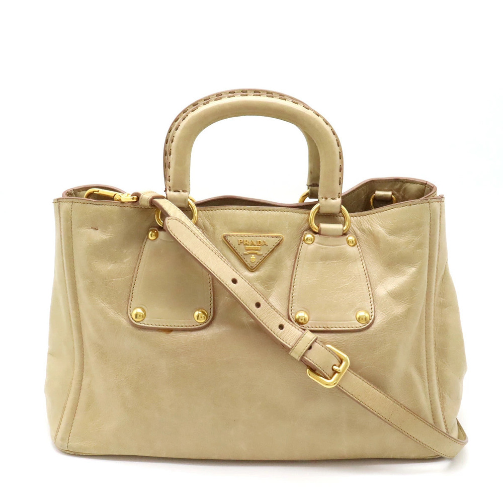 Prada Tote Bag Handbag Shoulder Leather Beige Cream